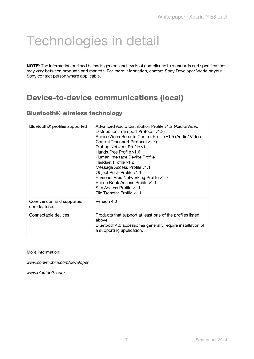 Sony D2212 manual Technologies in detail, Device-to-device communications local 