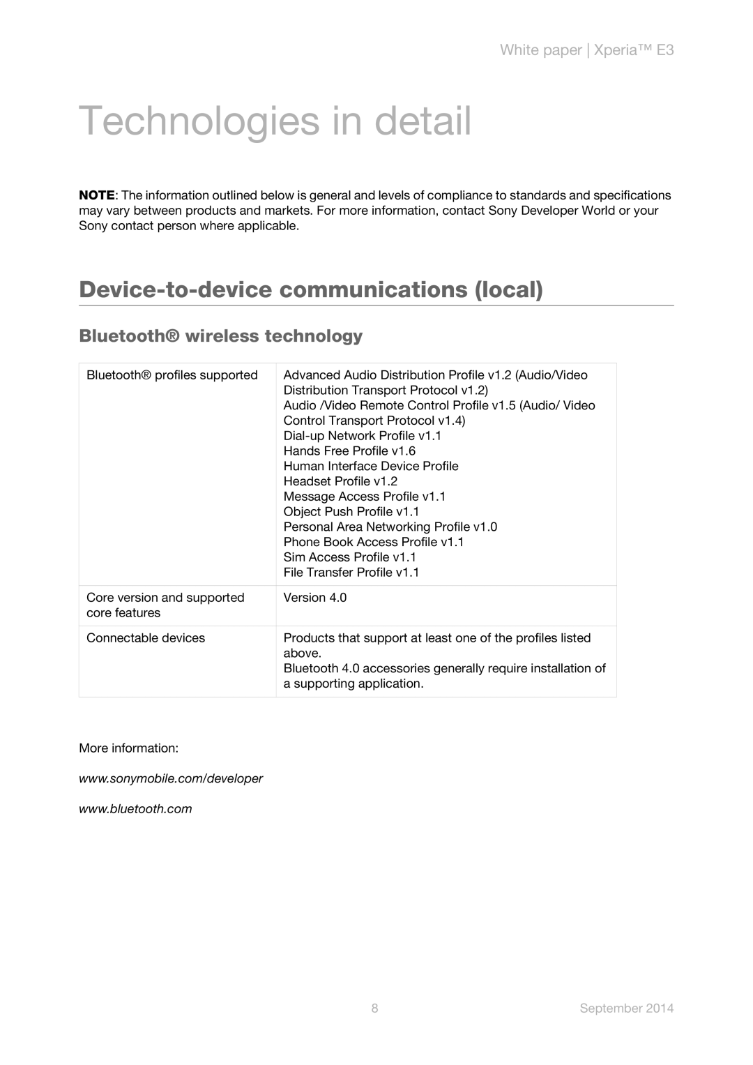 Sony D2243 manual Technologies in detail, Device-to-device communications local 