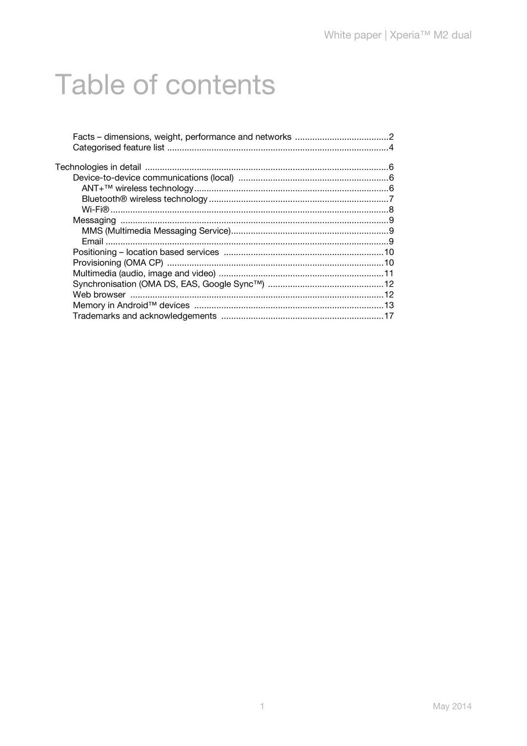 Sony D2302 manual Table of contents 