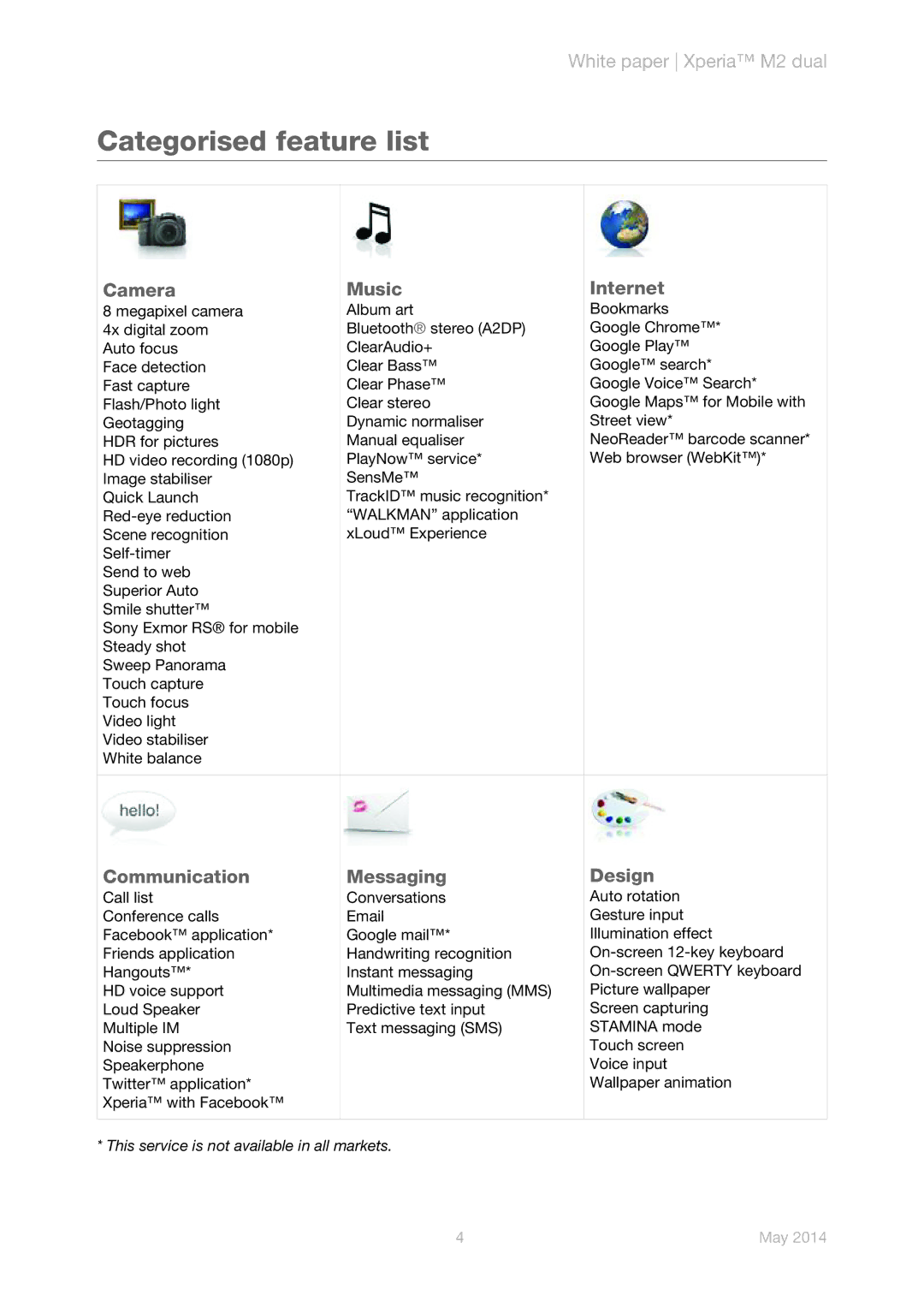 Sony D2302 manual Categorised feature list, Camera Music Internet, Communication Messaging Design 