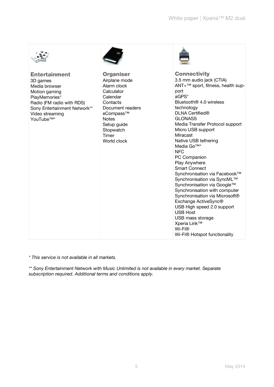 Sony D2302 manual Entertainment, Organiser, Connectivity, Glonass, Nfc 