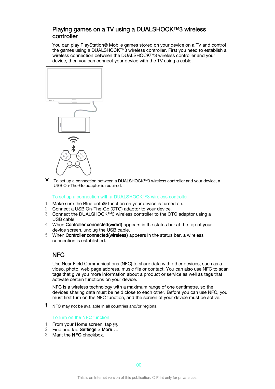 Sony D2302 manual To turn on the NFC function, 100 