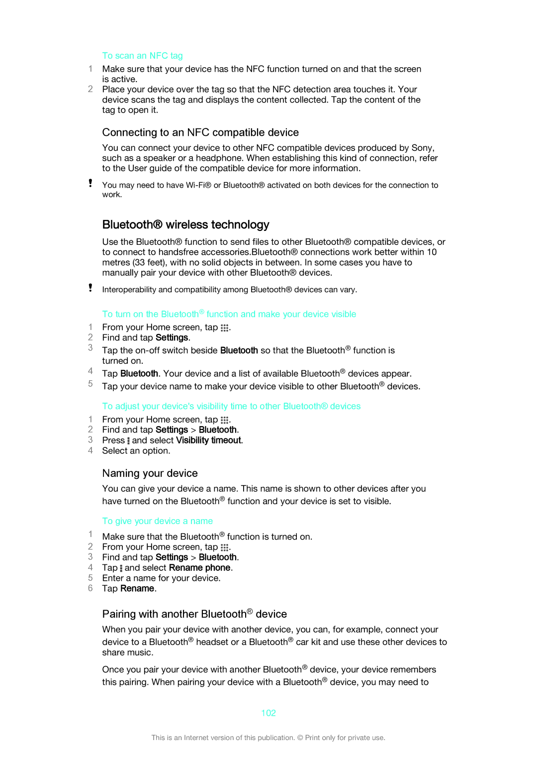 Sony D2302 manual Bluetooth wireless technology, Connecting to an NFC compatible device, Naming your device 