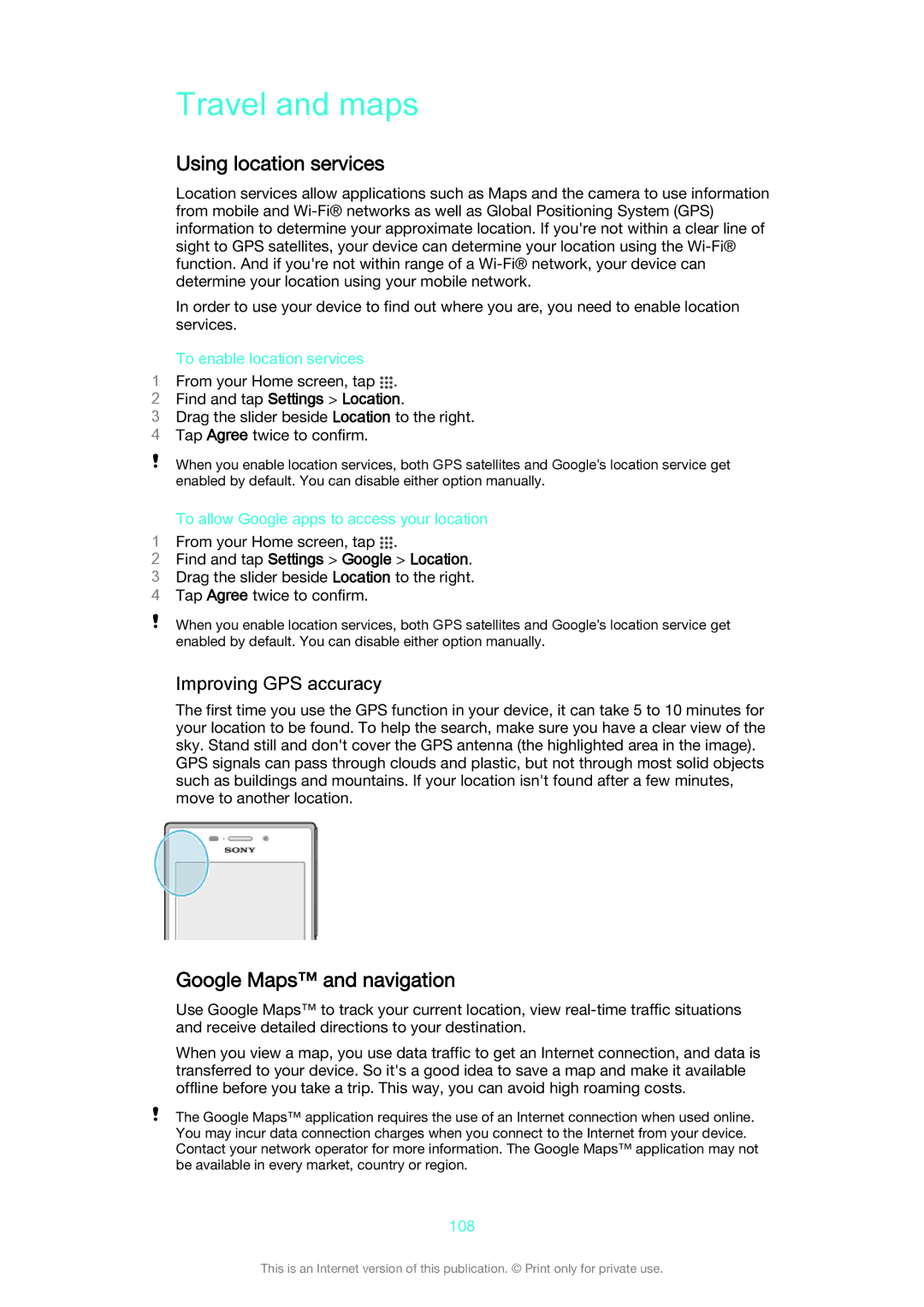 Sony D2302 manual Travel and maps, Using location services, Google Maps and navigation, Improving GPS accuracy 