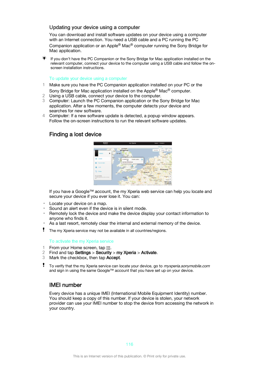 Sony D2302 manual Finding a lost device, Imei number, Updating your device using a computer 
