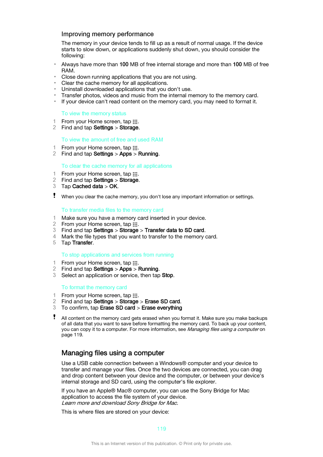 Sony D2302 manual Managing files using a computer, Improving memory performance 