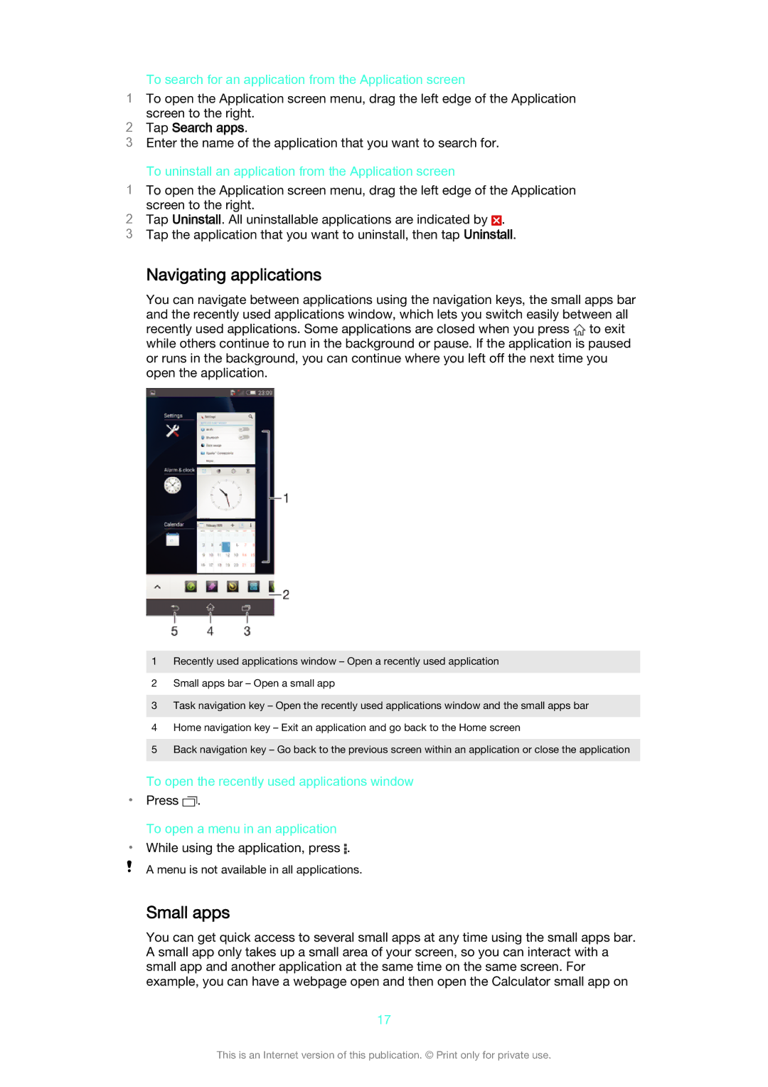 Sony D2302 manual Navigating applications, Small apps, Tap Search apps 