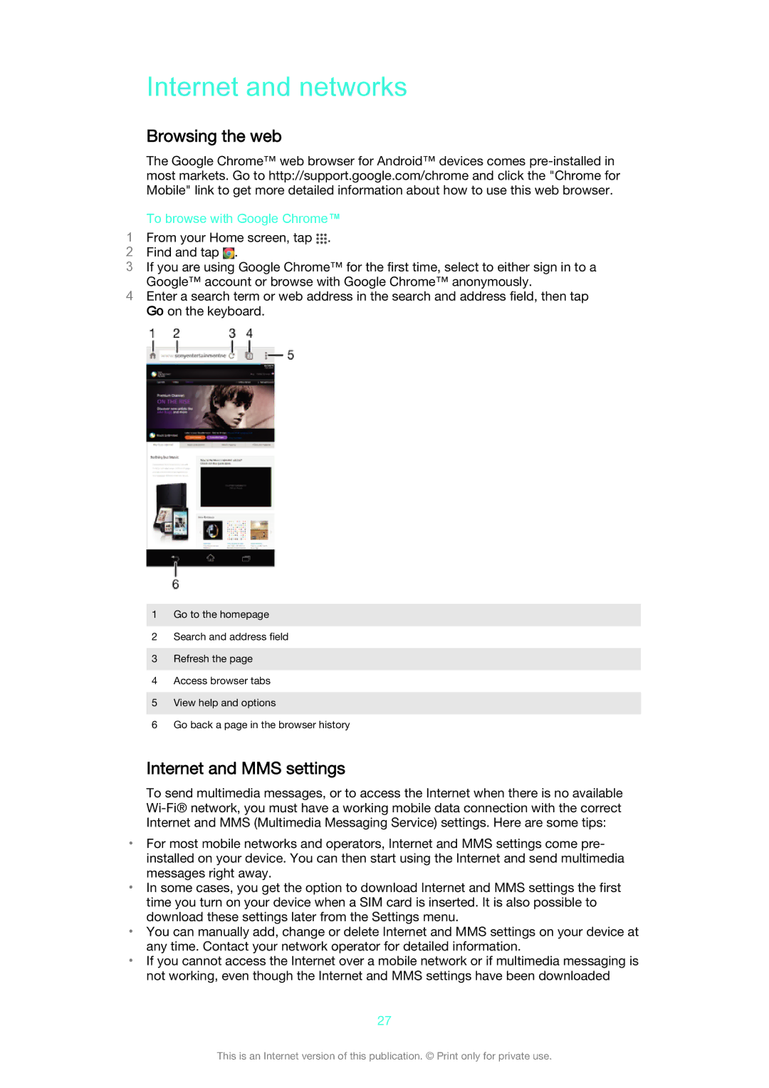Sony D2302 manual Internet and networks, Browsing the web, Internet and MMS settings, To browse with Google Chrome 