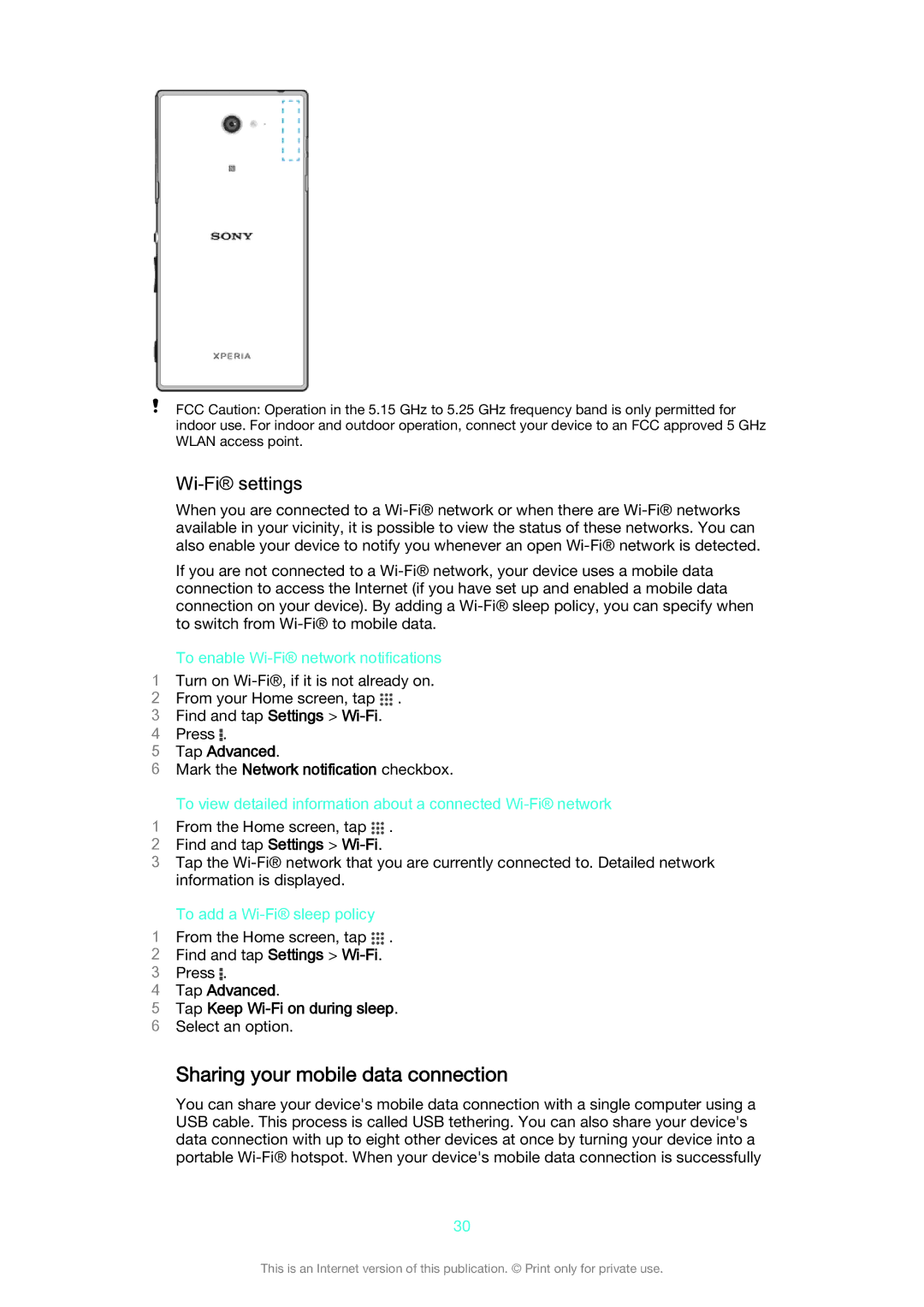 Sony D2302 manual Sharing your mobile data connection, Wi-Fi settings, Tap Advanced Mark the Network notification checkbox 