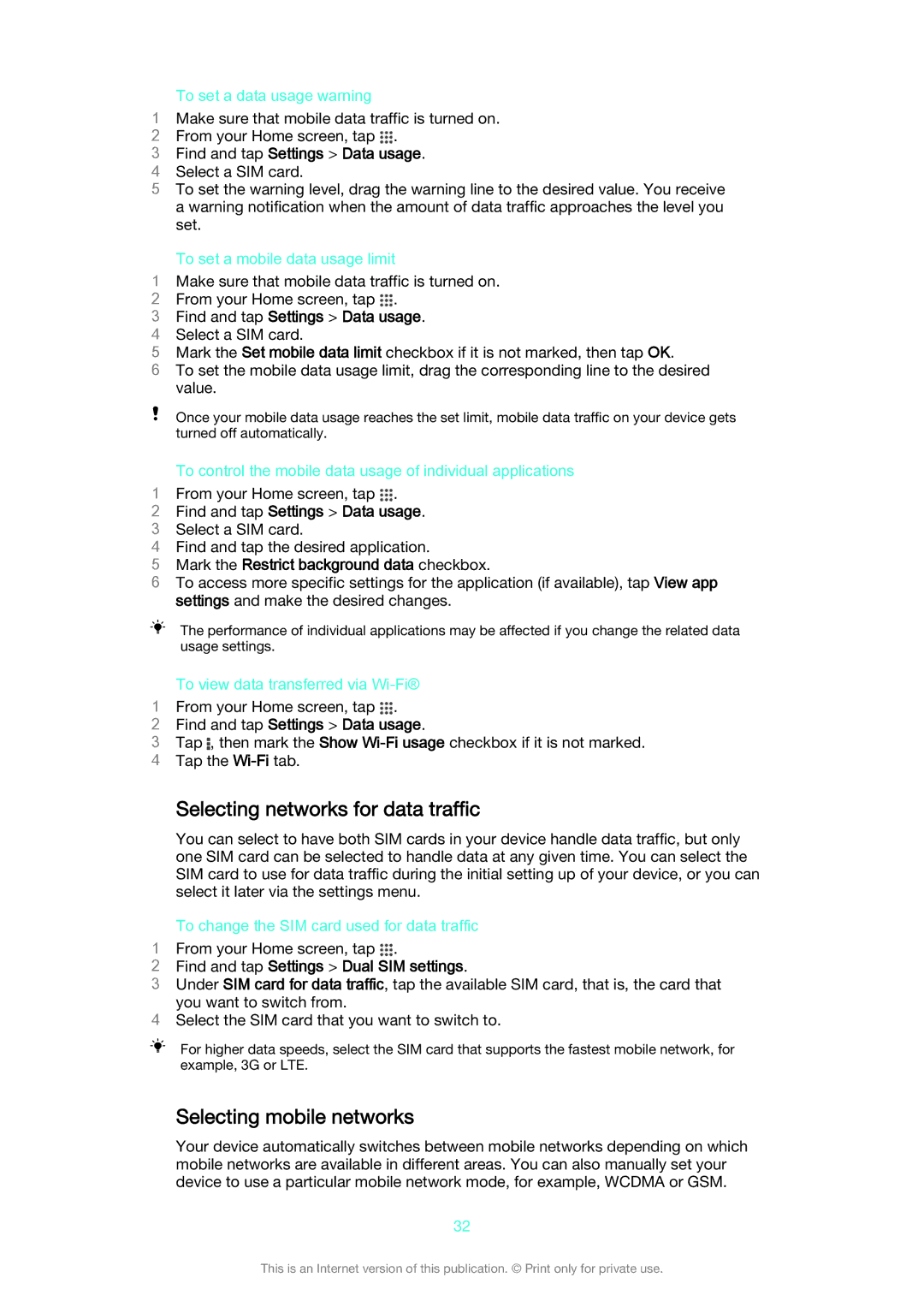 Sony D2302 Selecting networks for data traffic, Selecting mobile networks, Mark the Restrict background data checkbox 