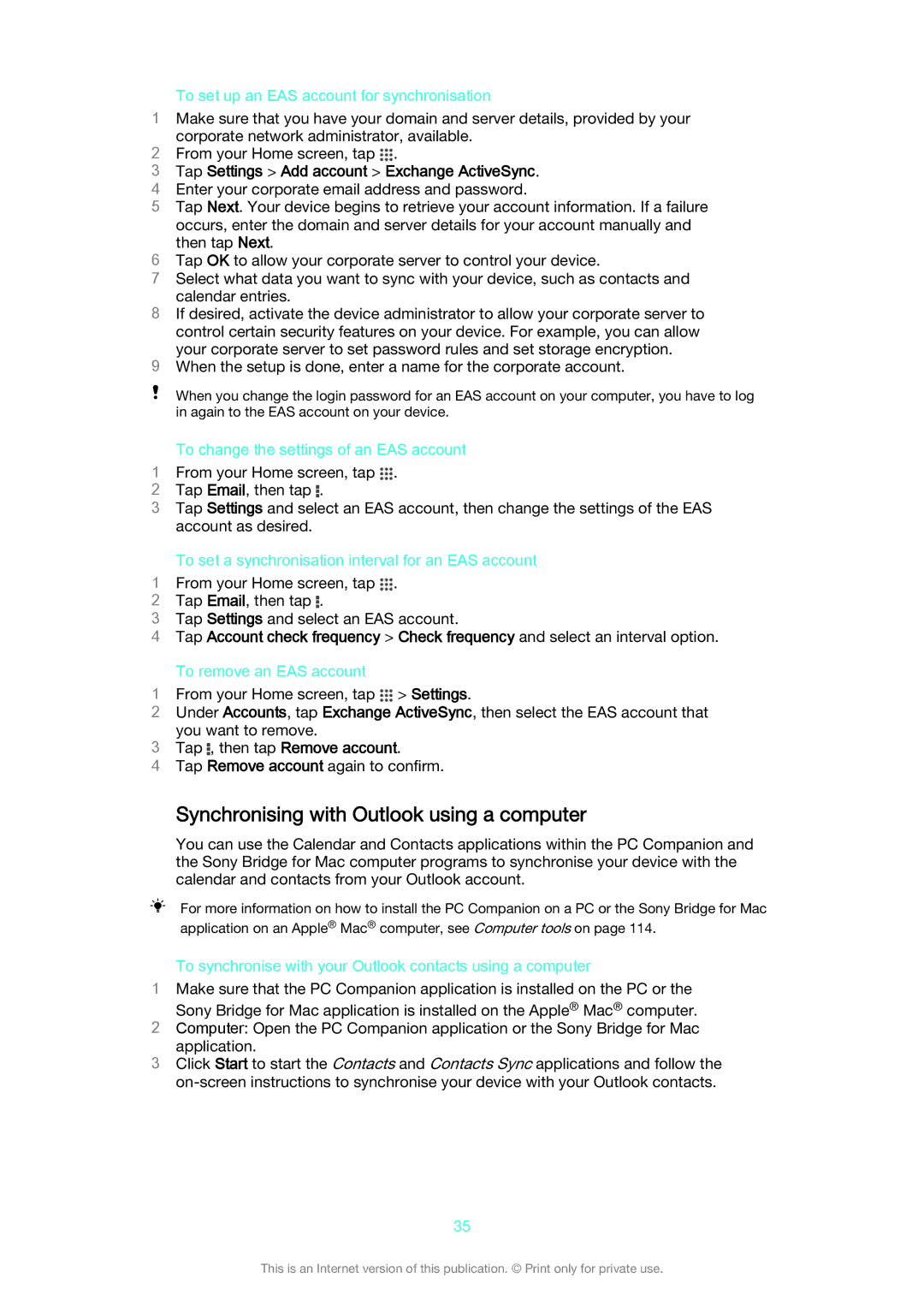 Sony D2302 manual Synchronising with Outlook using a computer, Tap Settings Add account Exchange ActiveSync 