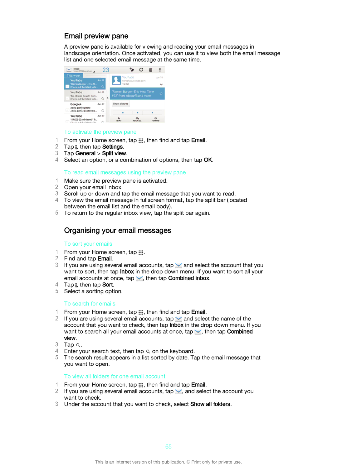 Sony D2302 manual Email preview pane, Organising your email messages, Tap General Split view 