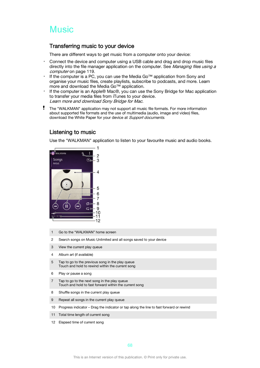 Sony D2302 manual Music, Transferring music to your device, Listening to music 