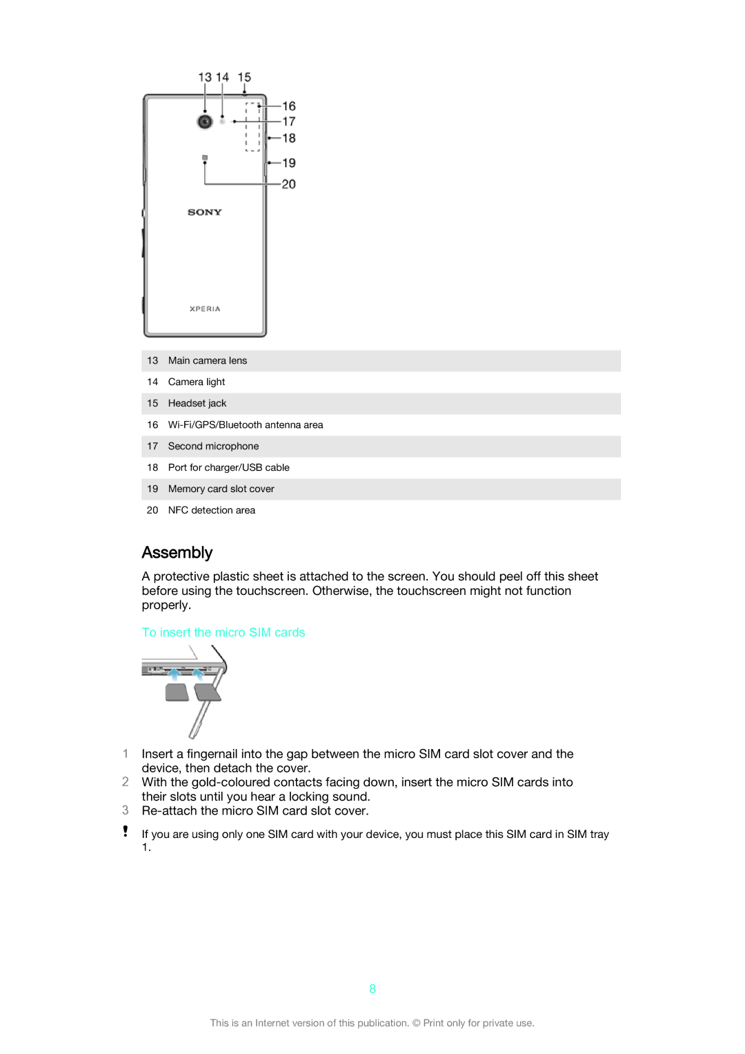 Sony D2302 manual Assembly, To insert the micro SIM cards 