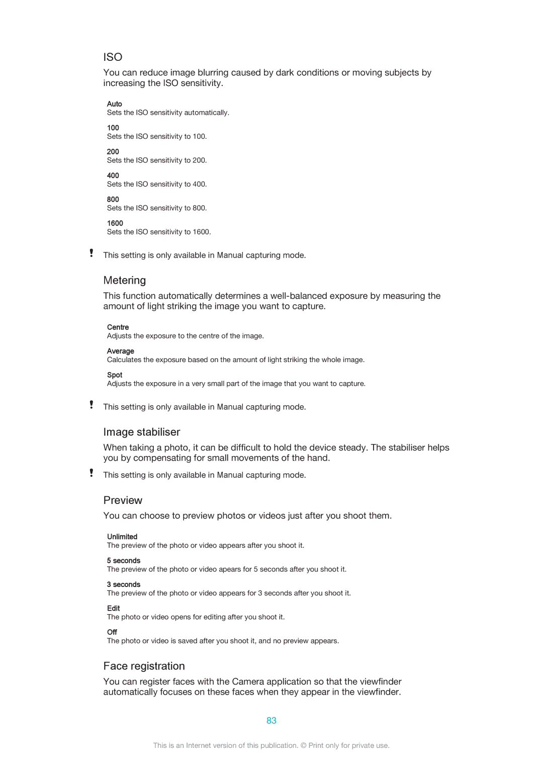 Sony D2302 manual Metering, Image stabiliser, Preview, Face registration 