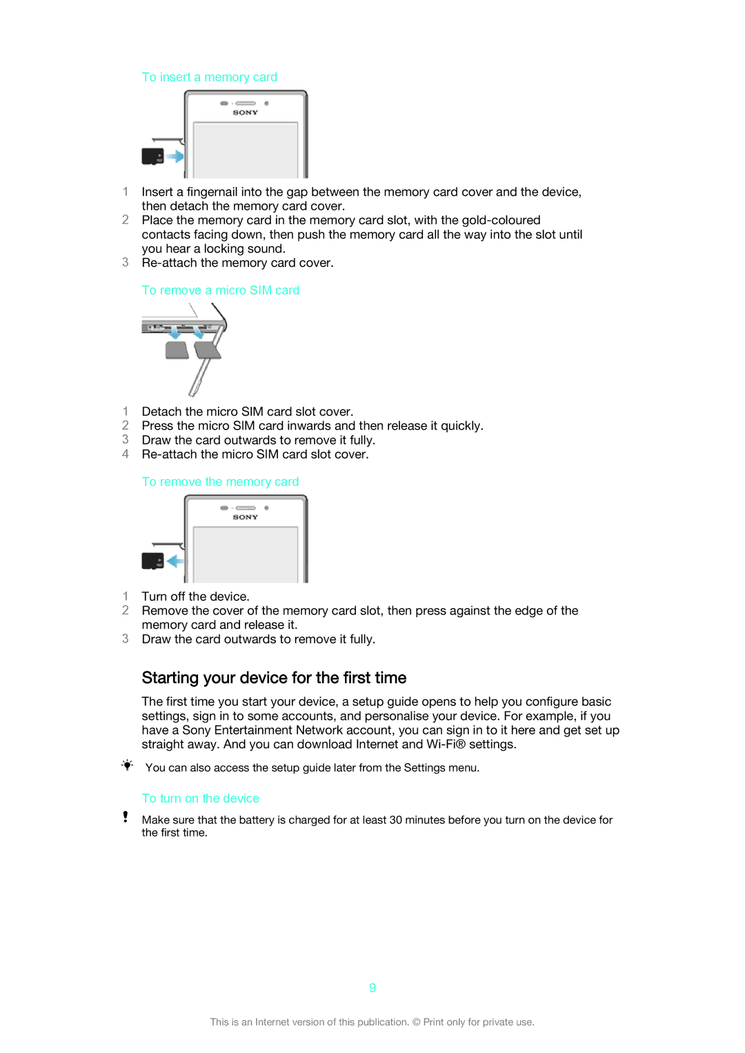 Sony D2302 manual Starting your device for the first time, To insert a memory card, To remove a micro SIM card 