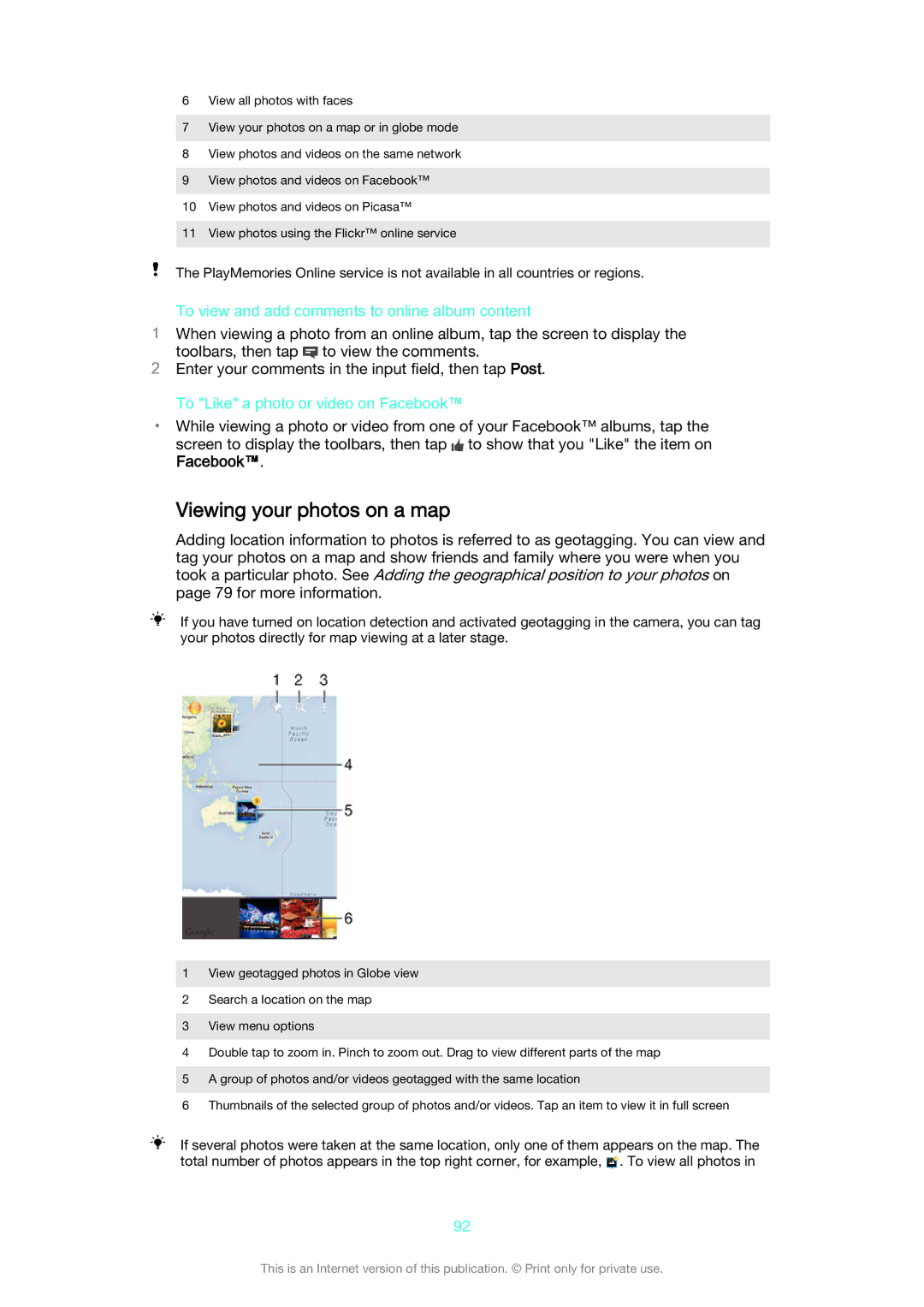 Sony D2302 manual Viewing your photos on a map, To view and add comments to online album content 