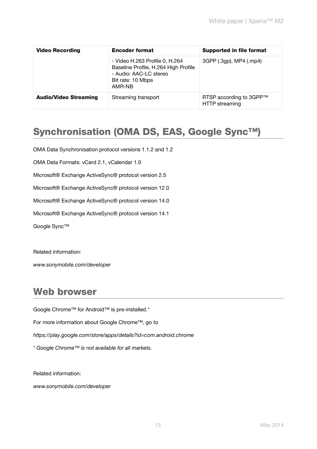 Sony D2305, D2306, D2303 manual Synchronisation OMA DS, EAS, Google Sync, Web browser, Amr-Nb 