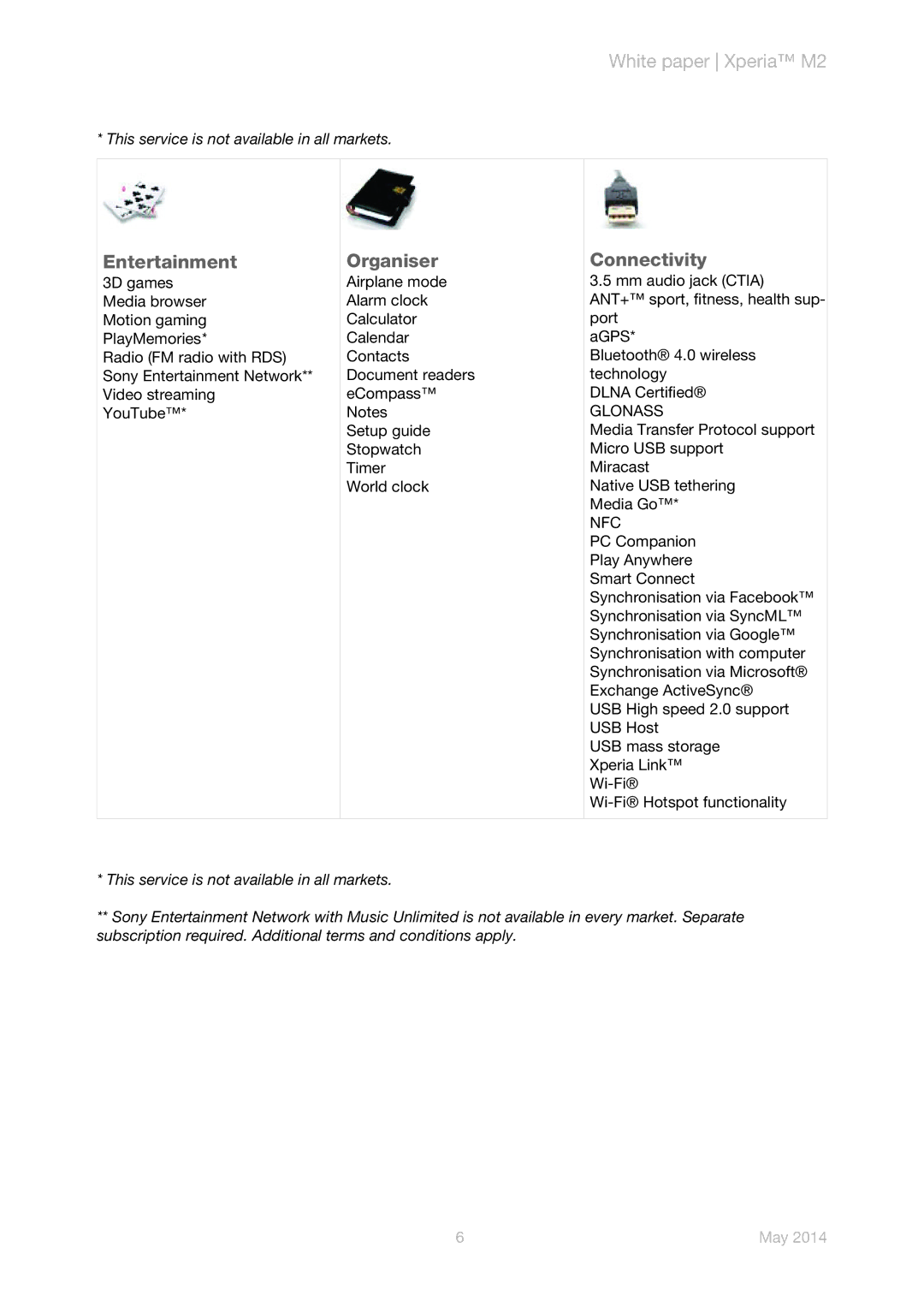 Sony D2306, D2305, D2303 manual Entertainment, Organiser, Connectivity, Glonass, Nfc 