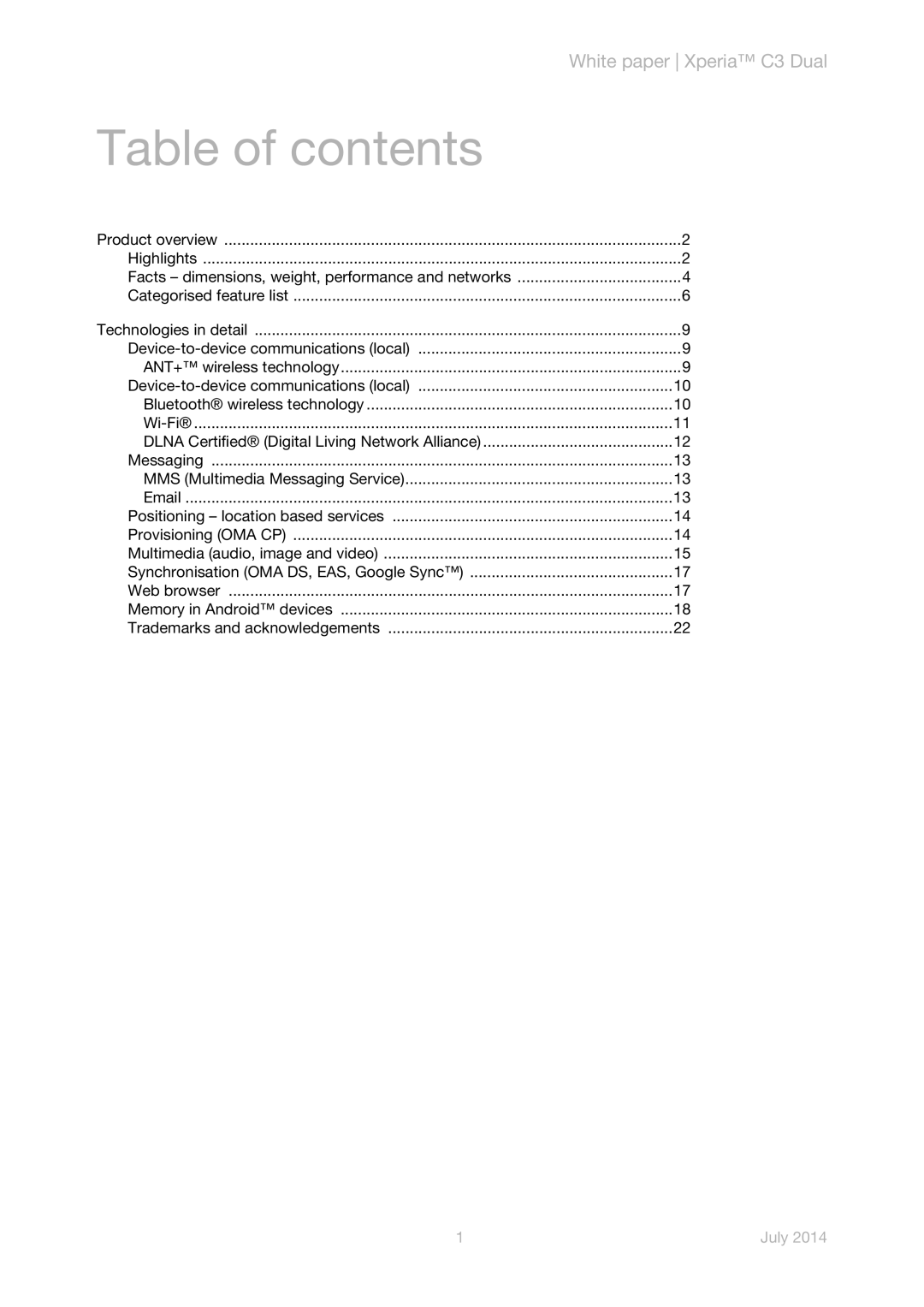 Sony D2502 manual Table of contents 