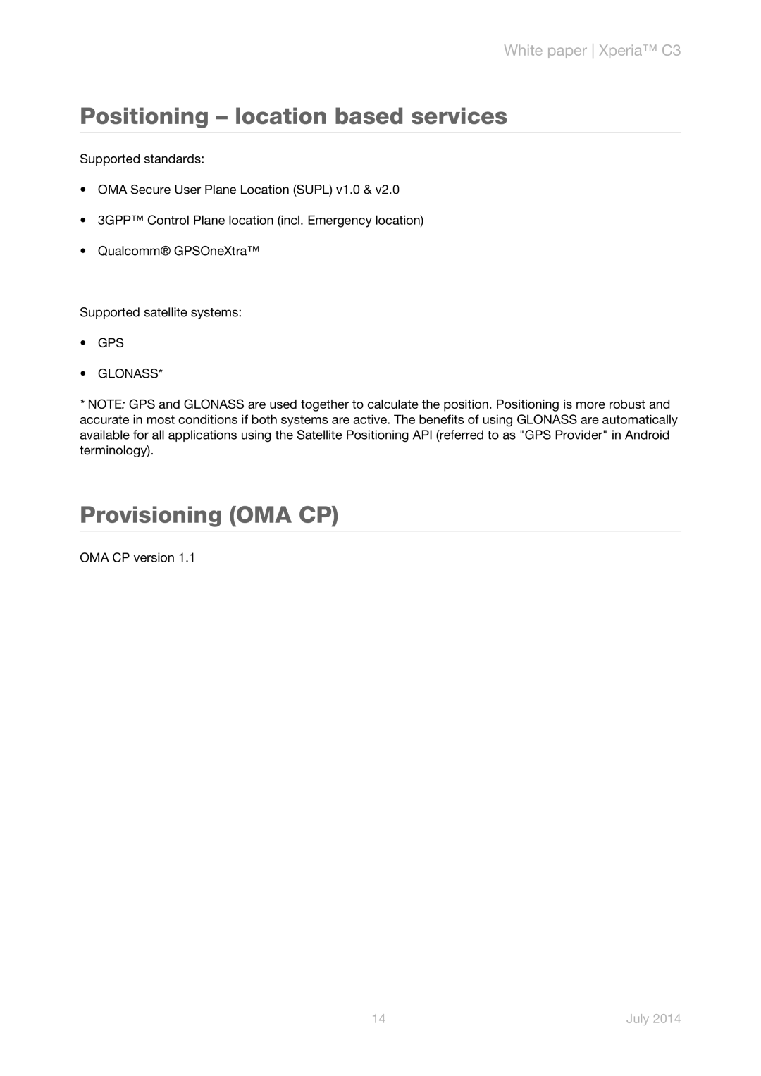 Sony D2533 manual Positioning location based services, Provisioning OMA CP, GPS Glonass 