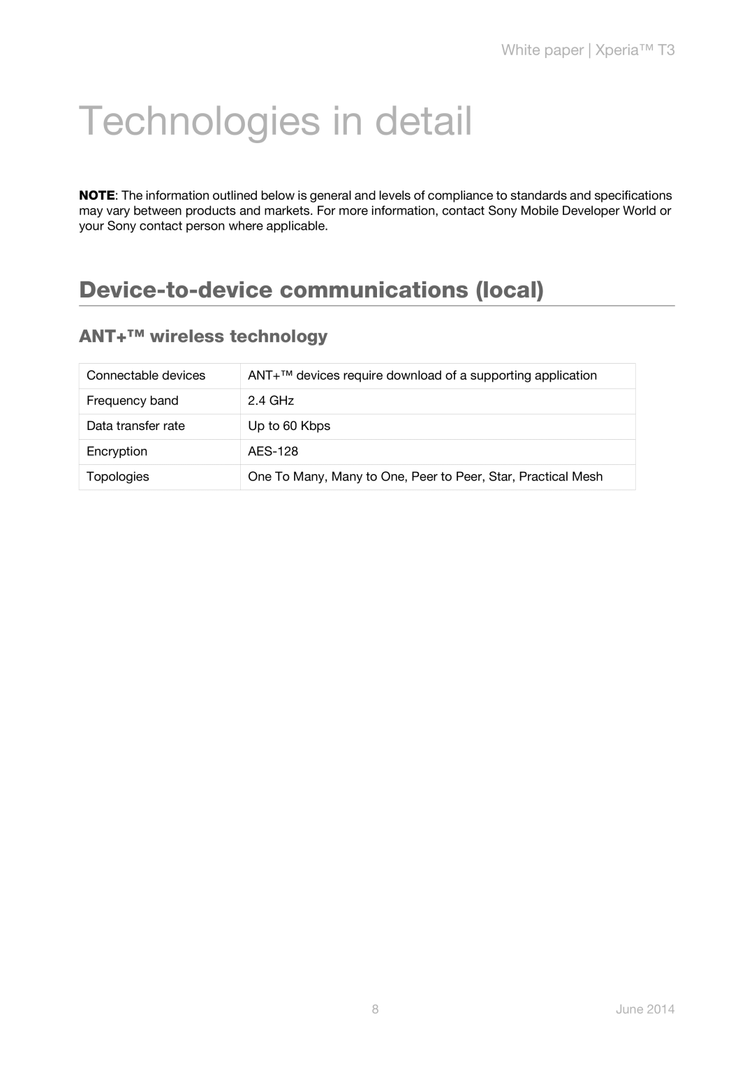 Sony D5102/D5103/D5106 manual Device-to-device communications local, ANT+ wireless technology 