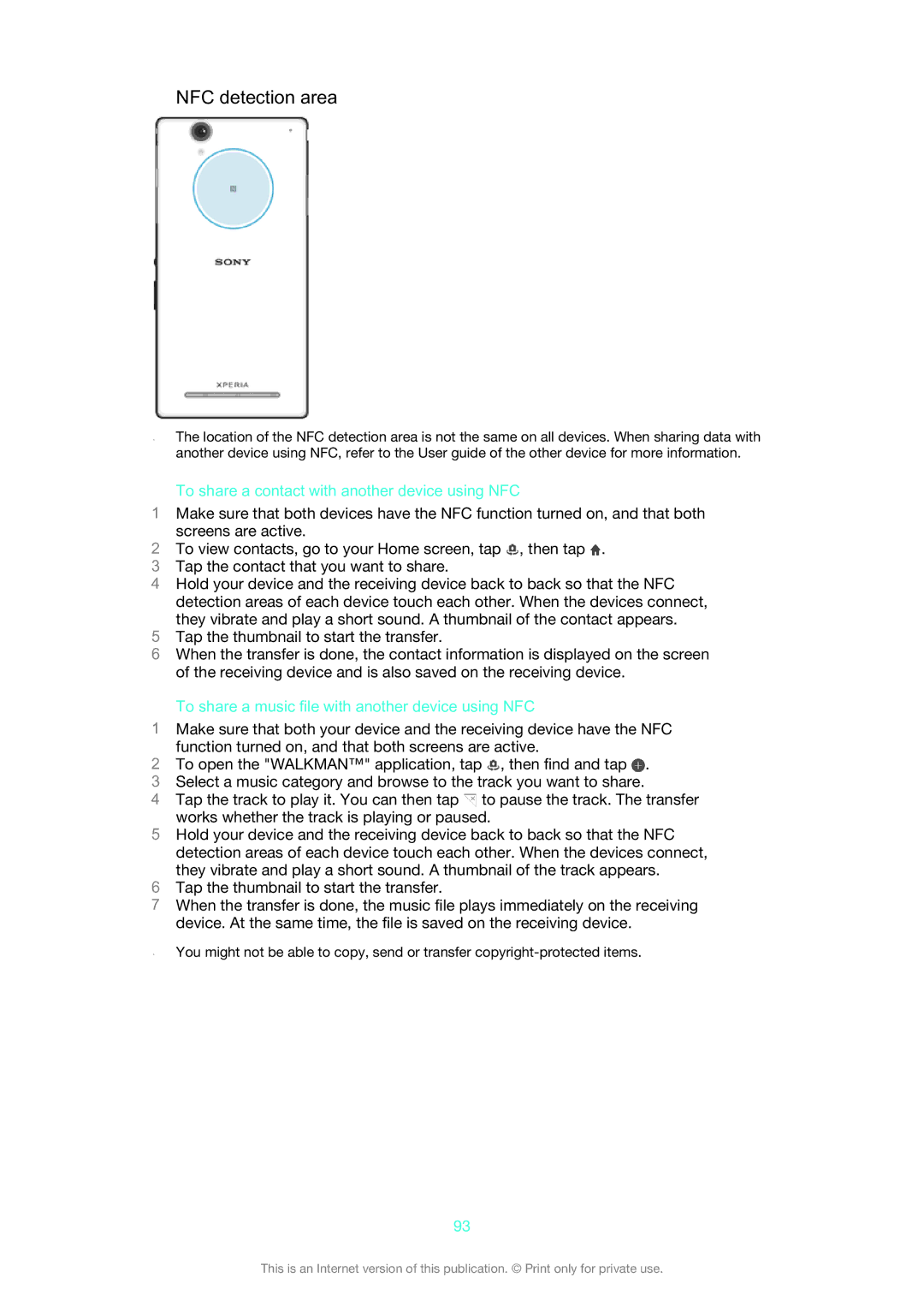 Sony D5303/D5306 manual NFC detection area, To share a contact with another device using NFC 