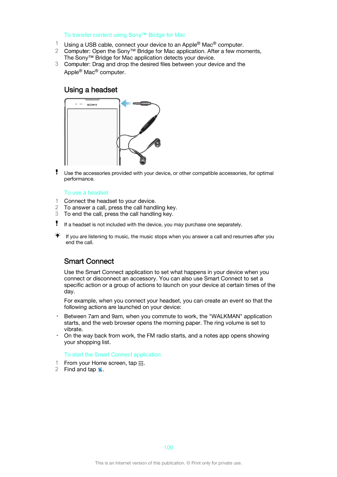 Sony D5322 manual Using a headset, Smart Connect 