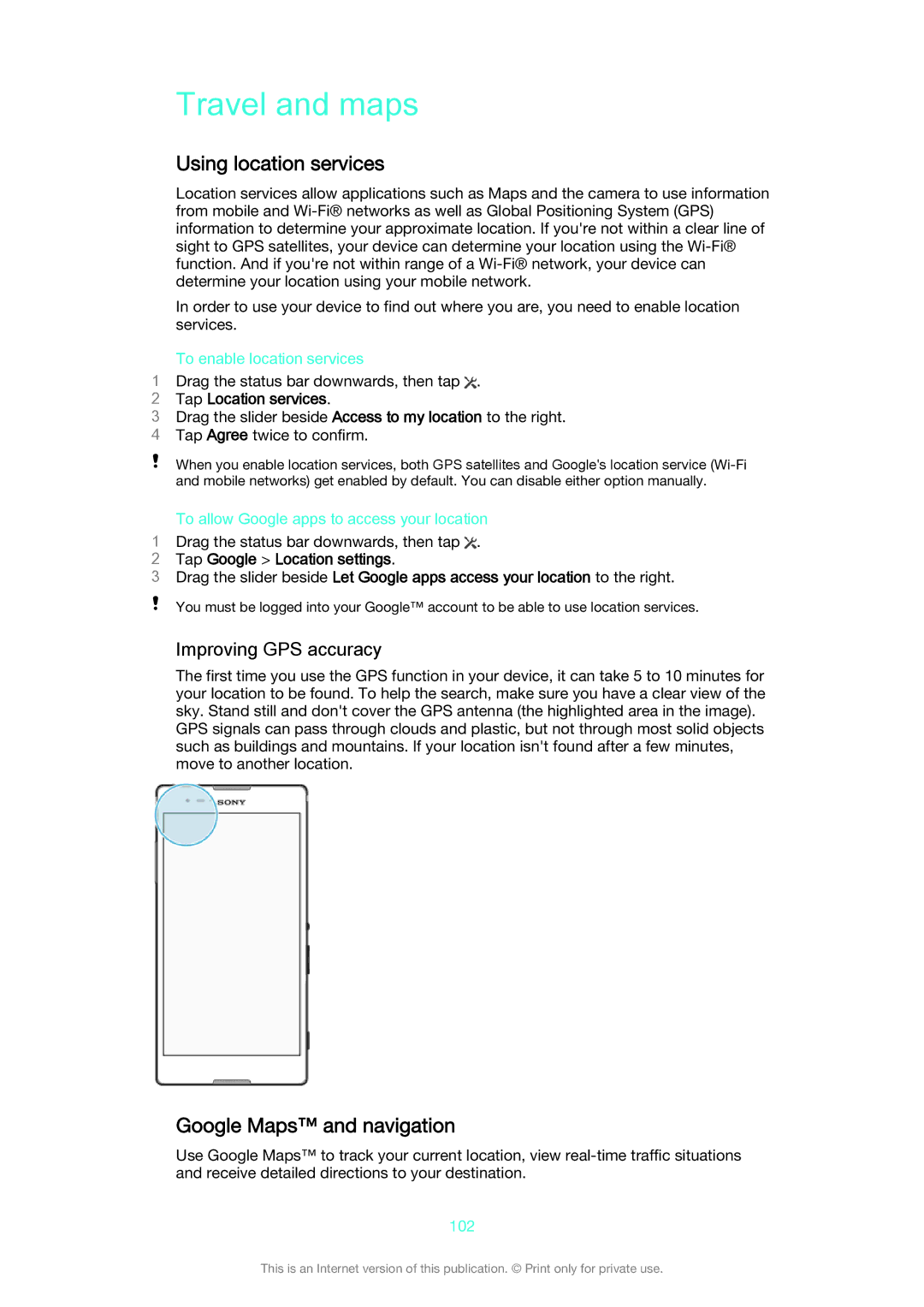 Sony D5322 manual Travel and maps, Using location services, Google Maps and navigation, Improving GPS accuracy 