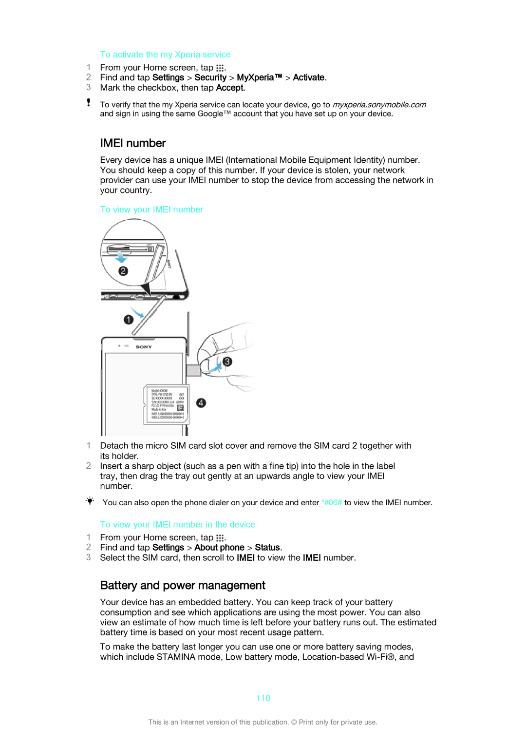 Sony D5322 manual Imei number, Battery and power management, Find and tap Settings Security MyXperia Activate 