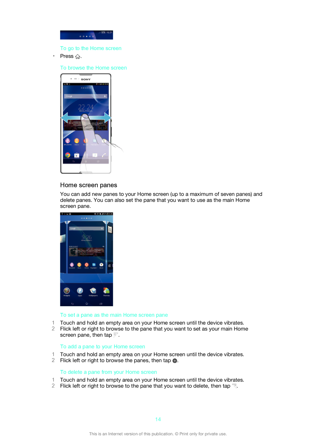 Sony D5322 manual Home screen panes 