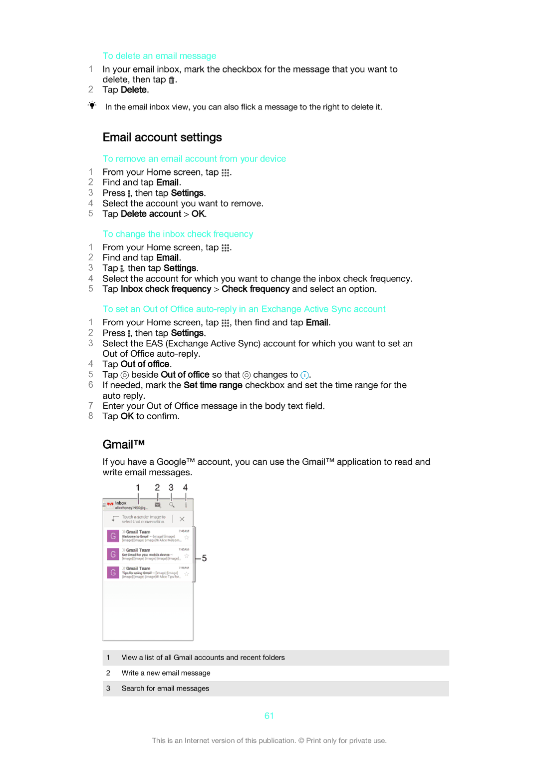 Sony D5322 manual Email account settings, Gmail, Tap Delete account OK, Tap Out of office 