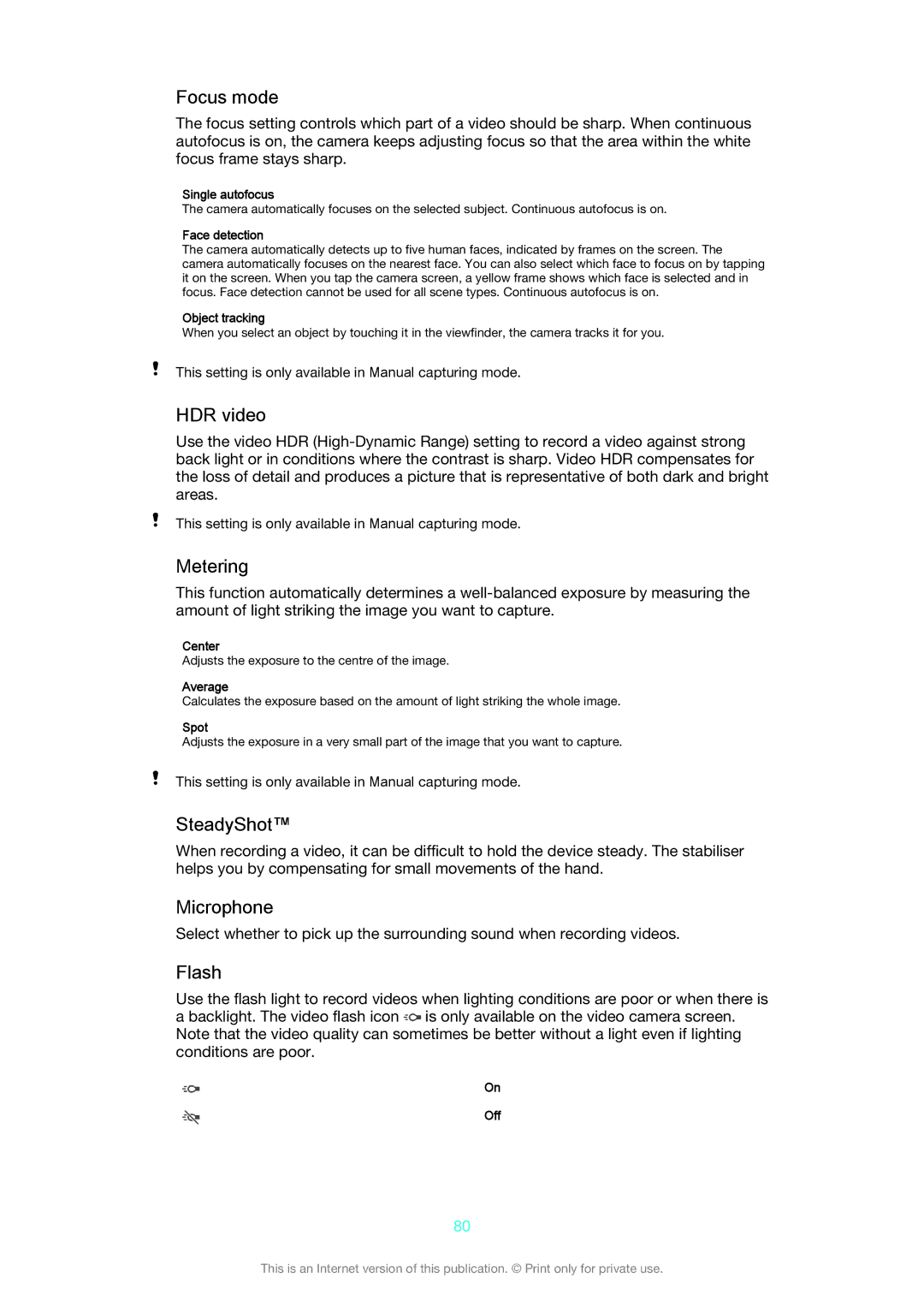 Sony D5322 manual HDR video, SteadyShot, Microphone 