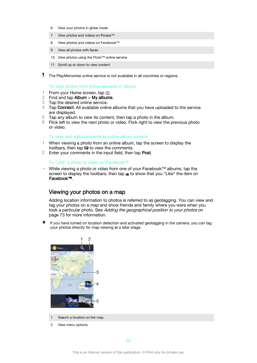 Sony D5322 manual Viewing your photos on a map, To view photos from online services in Album 