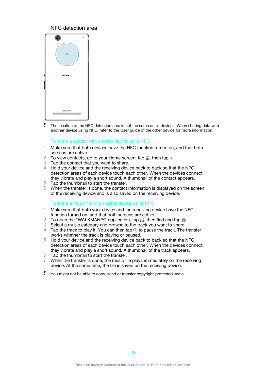 Sony D5322 manual NFC detection area, To share a contact with another device using NFC 