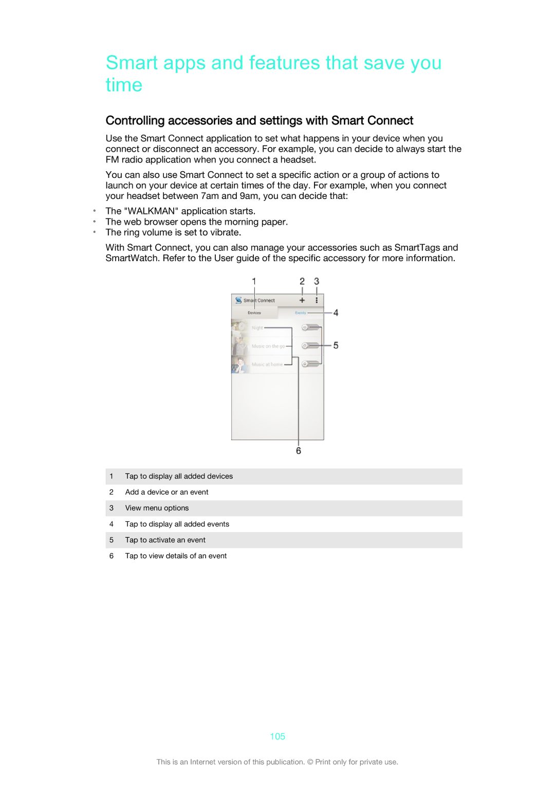 Sony D5503 manual Smart apps and features that save you time, Controlling accessories and settings with Smart Connect, 105 