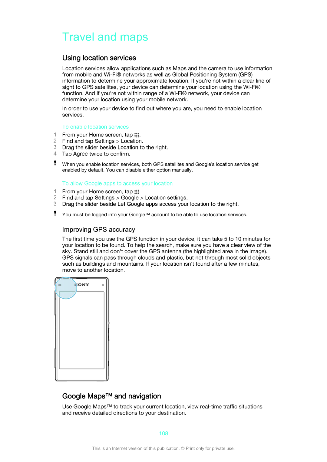 Sony D5503 manual Travel and maps, Using location services, Google Maps and navigation, Improving GPS accuracy 