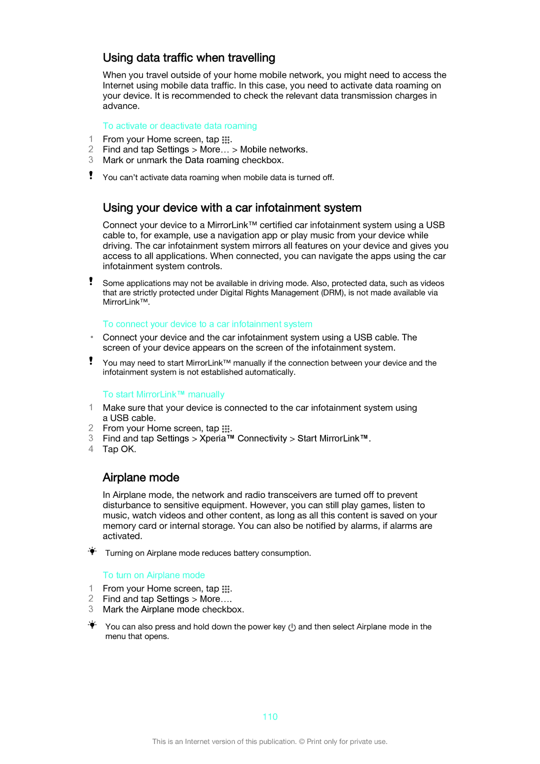 Sony D5503 manual Using data traffic when travelling, Using your device with a car infotainment system, Airplane mode 
