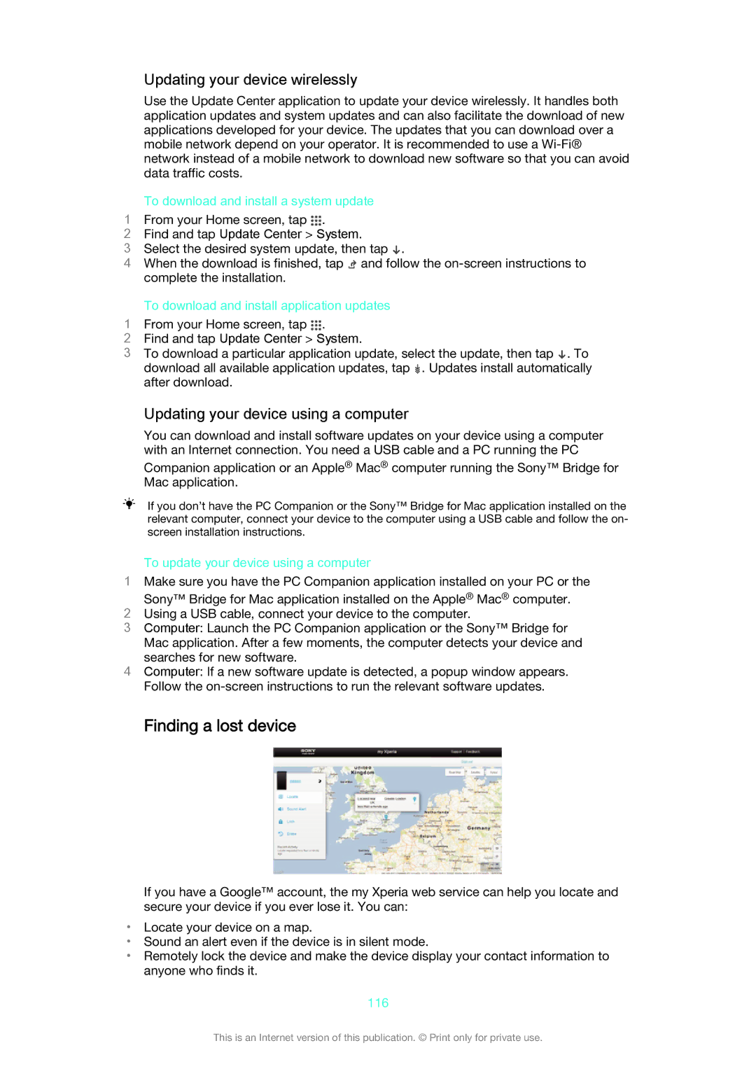 Sony D5503 manual Finding a lost device, Updating your device wirelessly, Updating your device using a computer 