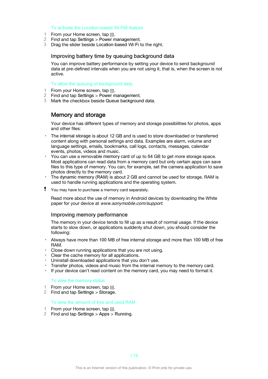 Sony D5503 manual Memory and storage, Improving battery time by queuing background data, Improving memory performance 