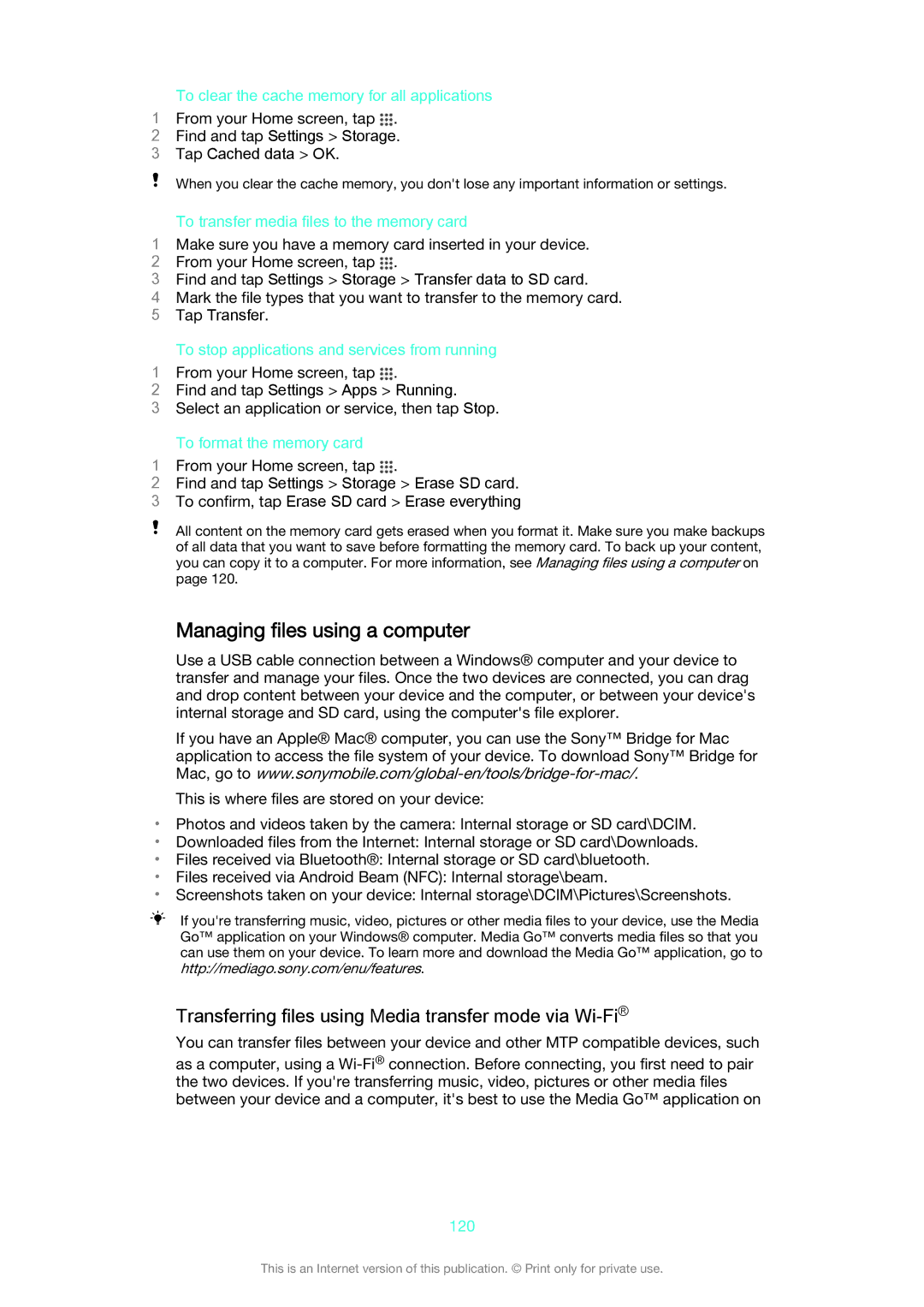 Sony D5503 manual Managing files using a computer, Transferring files using Media transfer mode via Wi-Fi 