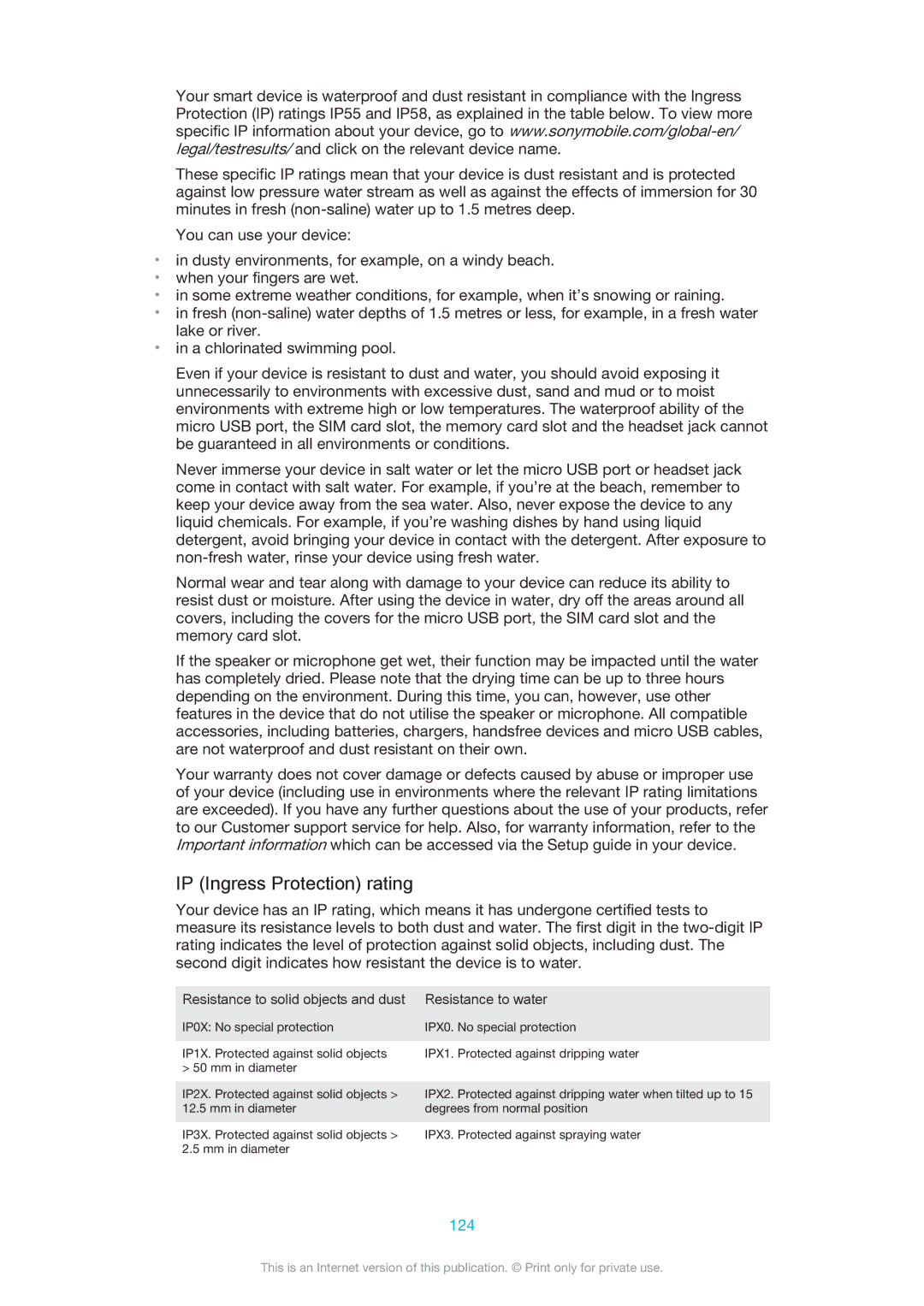 Sony D5503 manual IP Ingress Protection rating, 124 