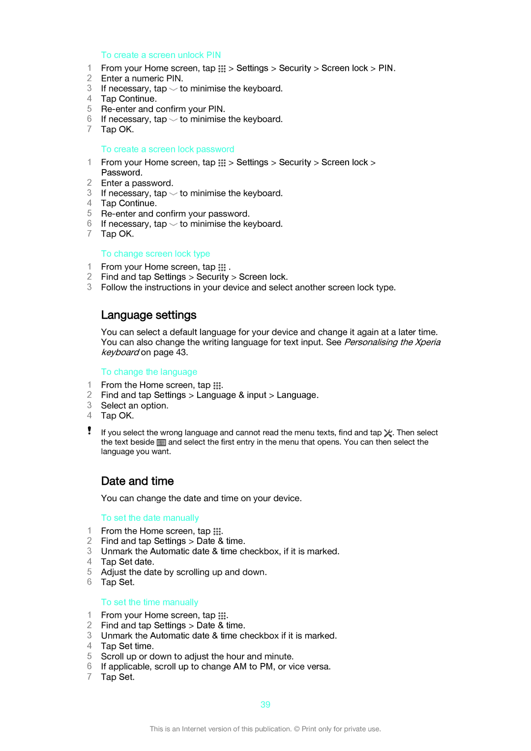 Sony D5503 manual Language settings, Date and time 