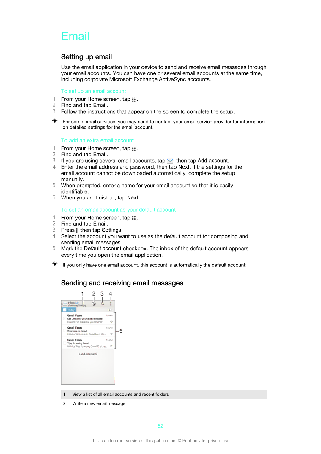 Sony D5503 manual Setting up email, Sending and receiving email messages, Find and tap Email 