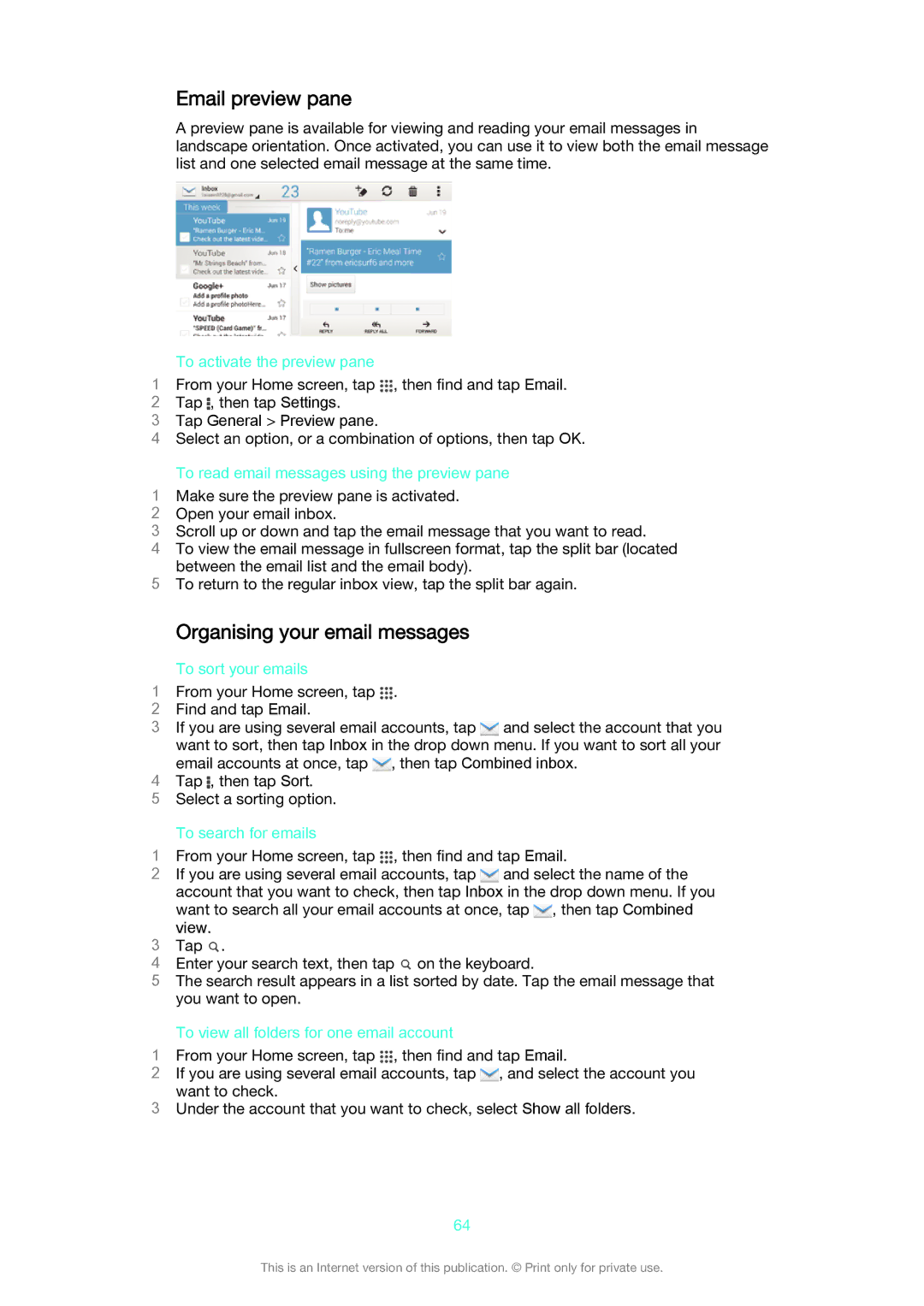 Sony D5503 manual Email preview pane, Organising your email messages 