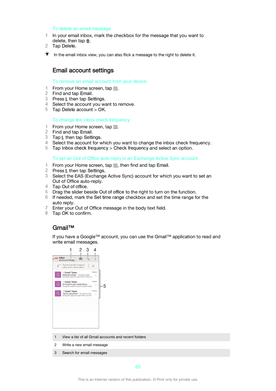 Sony D5503 manual Gmail, To delete an email message, To remove an email account from your device 