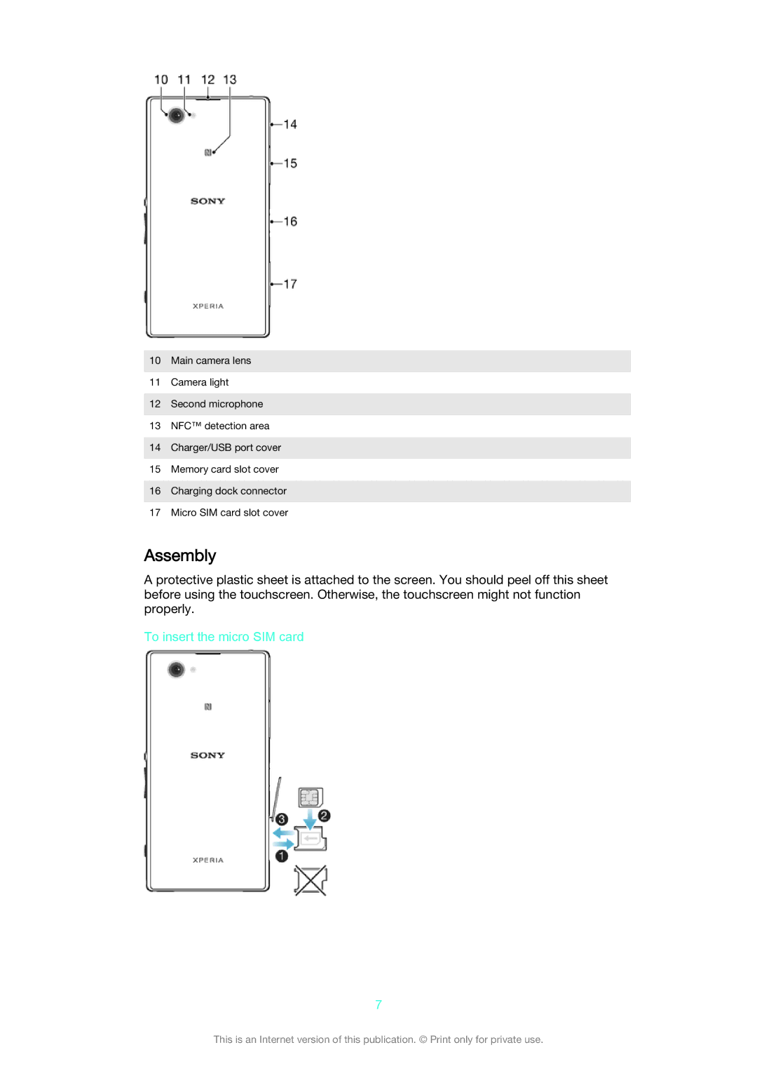 Sony D5503 manual Assembly, To insert the micro SIM card 