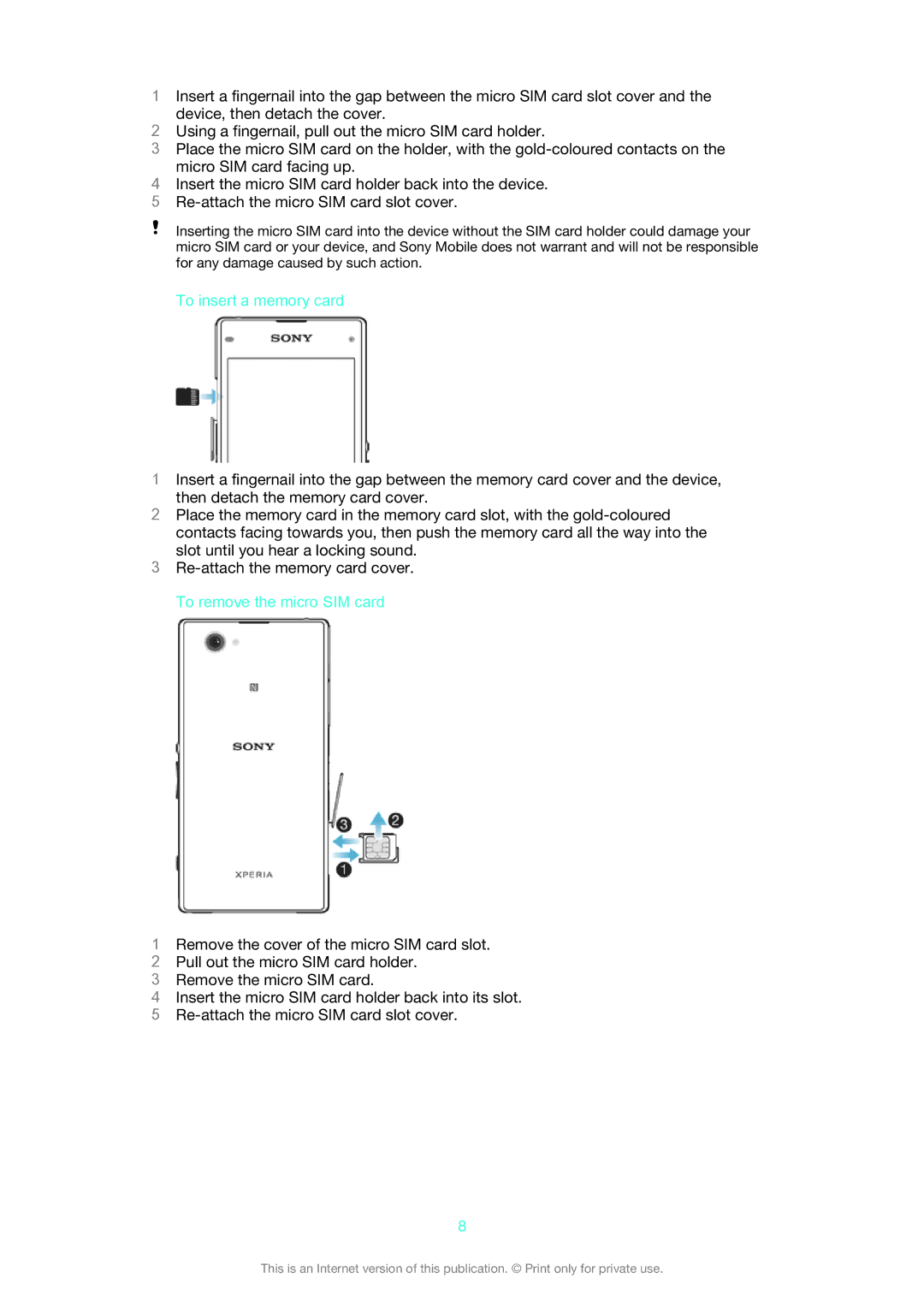 Sony D5503 manual To insert a memory card, To remove the micro SIM card 