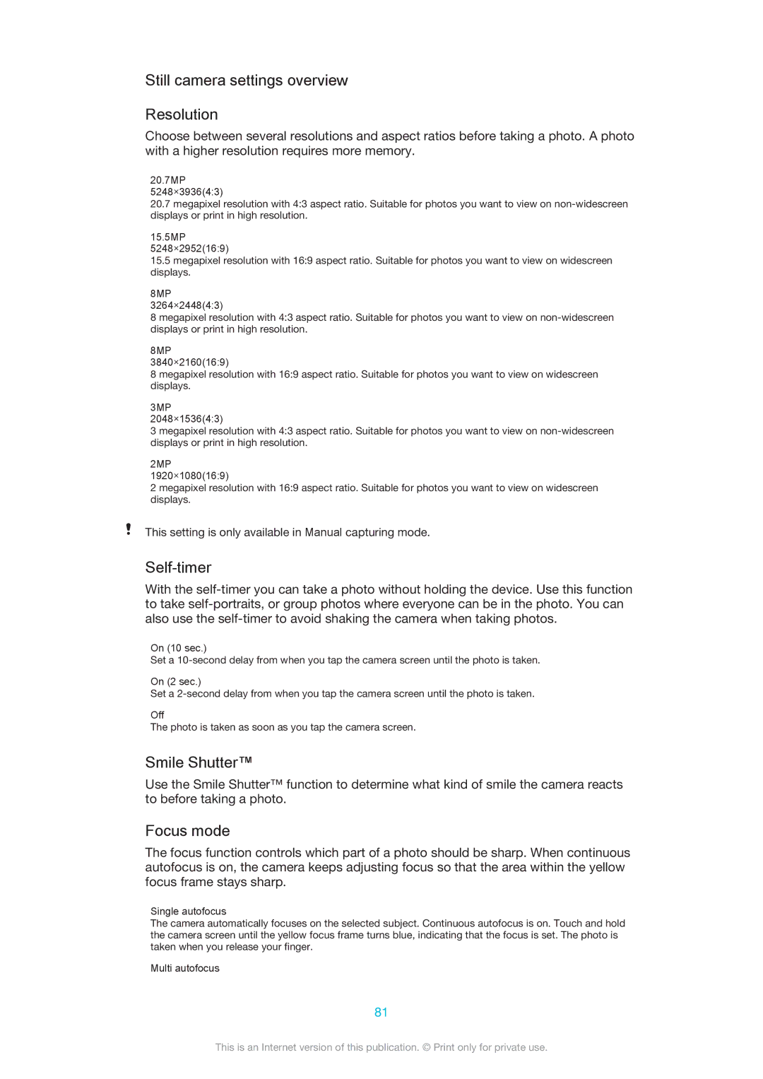 Sony D5503 manual Still camera settings overview Resolution, Self-timer, Smile Shutter, Focus mode 