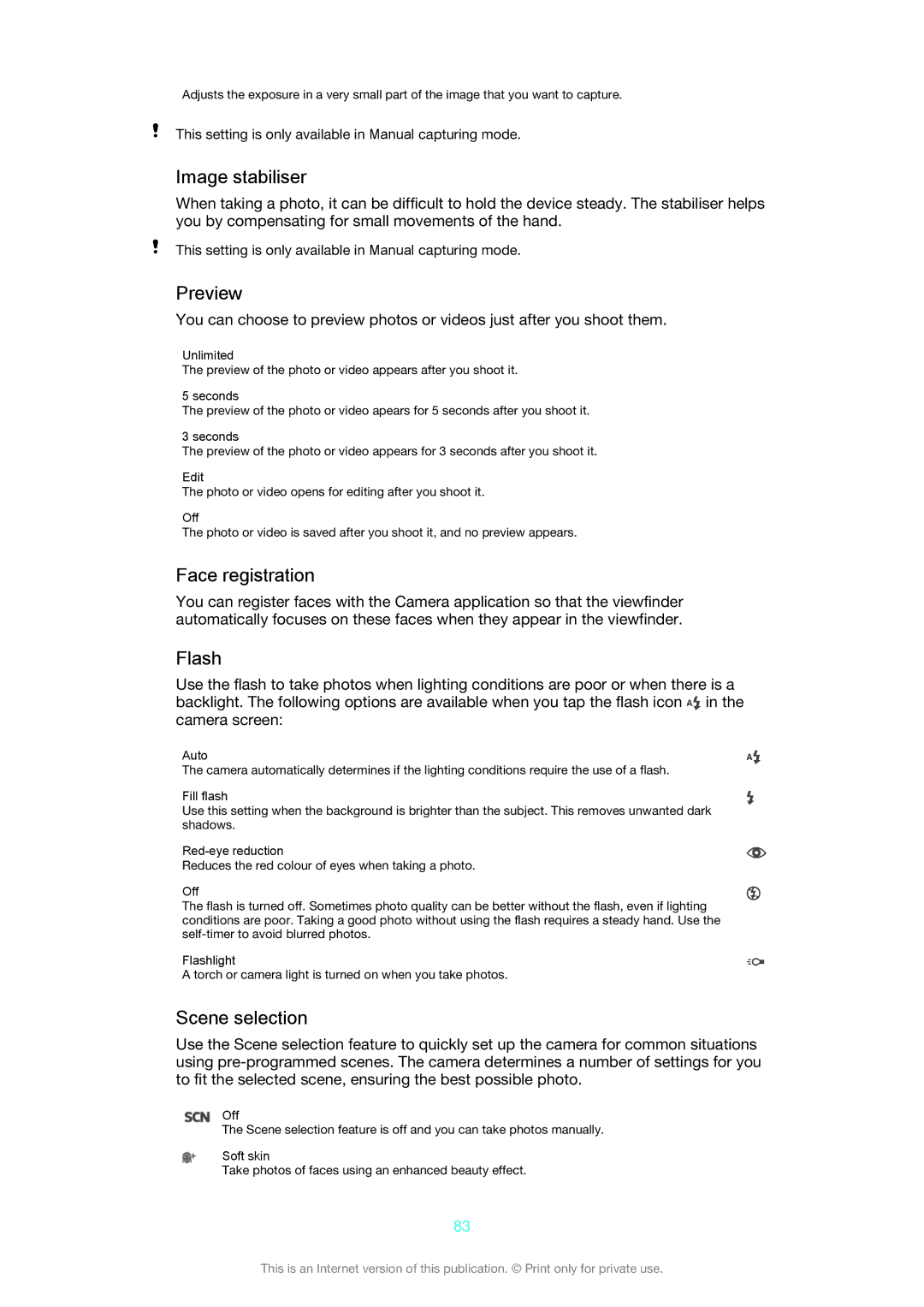 Sony D5503 manual Image stabiliser, Preview, Face registration, Flash, Scene selection 